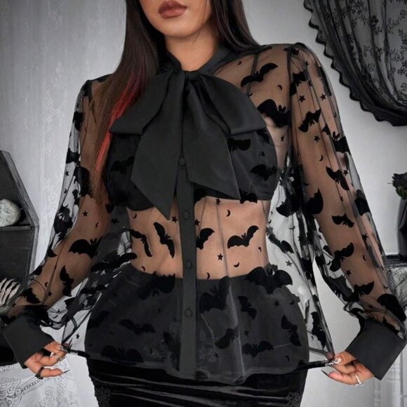 Chiffon Bat Burnout Bow Blouse - Picture 2 of 4